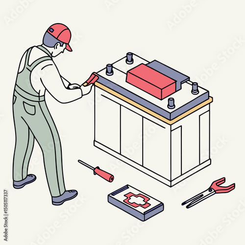 Vector illustration of battery replacement service illustration, isolated on transparent background