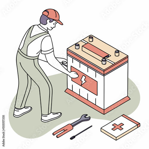 Vector illustration of battery replacement service illustration, isolated on transparent background