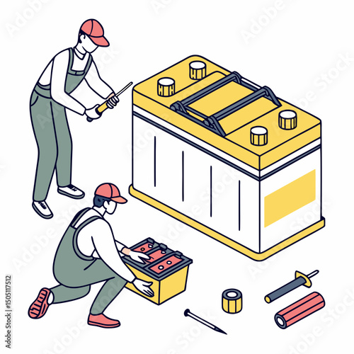 Vector illustration of battery replacement service illustration, isolated on transparent background
