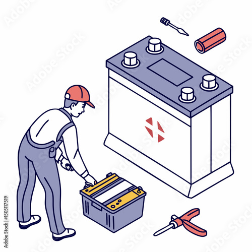 Vector illustration of battery replacement service illustration, isolated on transparent background