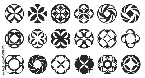 Abstract Geometric shape Logo Set Black Circular Floral Symbols for Branding, Design, Wellness, Spa, Yoga, and Holistic Themes