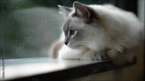 Ragdoll cat with blue eyes looking out window on rainy day, perched peacefully on windowsill, dreaming and pensive indoors.