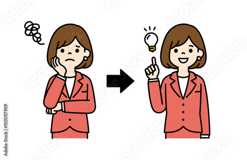 考えるポーズと閃いたポーズの、女性会社員のベクターイラスト素材＿線幅の編集可能＿カラー