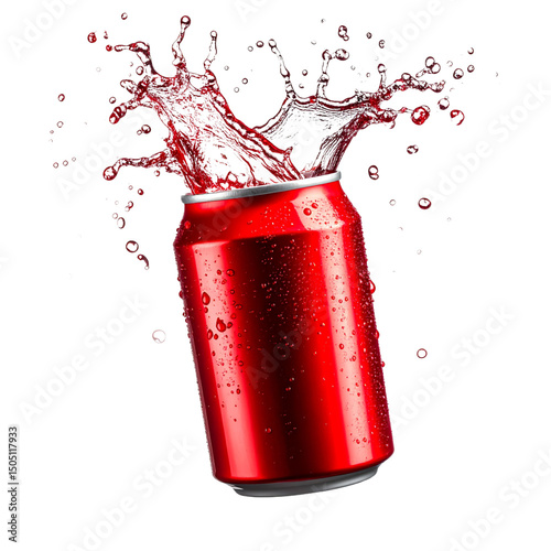  Red Soda Can with Splashing Liquid, Isolated on Transparent Background