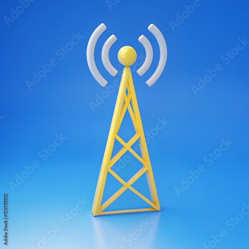 Vibrant 3D Radio Tower Icon with Signal Waves for Communication and Technology Network Designs