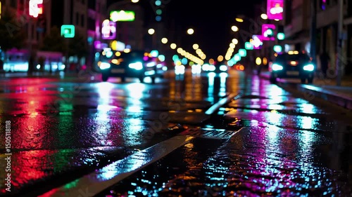 Vibrant city nightscape with colorful reflections and bustling traffic