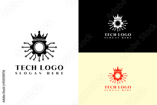 vector illustration of gear with circuit arms and crown, logo for mechanical, technical, database, artificial intelligence, internet of things, deep learning, programming, tech, and more