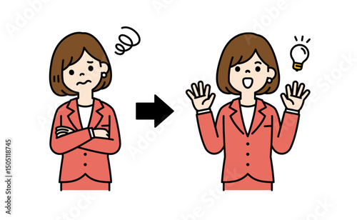 悩みを解消する方法を思いついた、女性会社員のベクターイラスト素材＿線幅の編集可能＿カラー