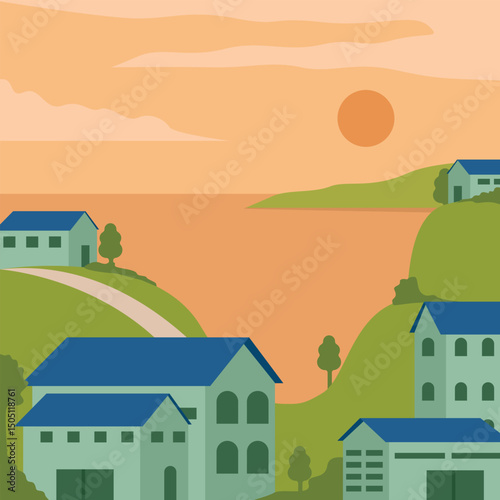 housing on the coast landscaped vector illustration graphic design . resort or residence at seafront nature view for business concept real estate
