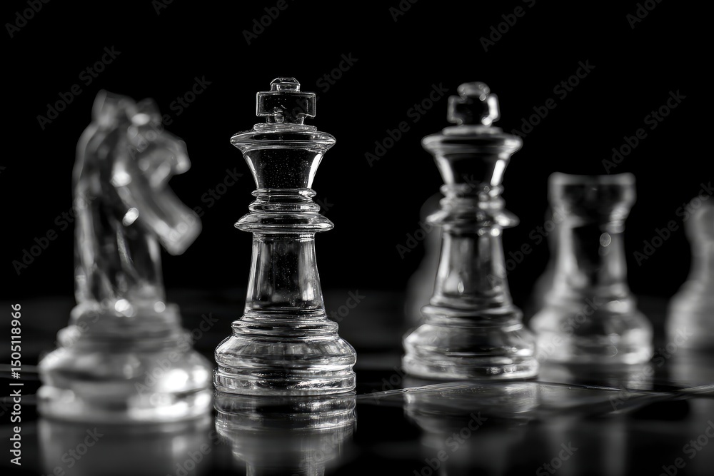 Black and white chess board with glass pieces on it, on a black background, minimalism, high-resolution photography, high detail, Black and white chess board with glass pieces on it, on a black background, minimalism, high-resolution photography, high detail,