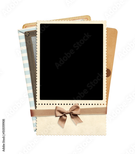 Retro photo frame on old card, creating a nostalgic effect. Vintage scrapbooking style. Mock up template. Copy space for text. Isolated on white background