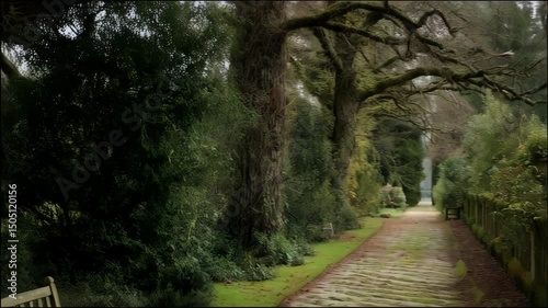 Serene pathway winding through a lush green garden, flanked by moss-covered trees and a weathered stone wall with benches along the sides.