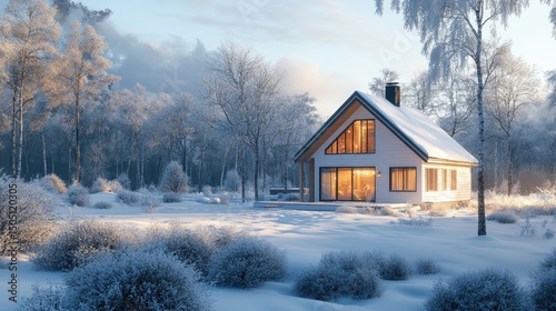 A Scandinavian-style city house with a simple white and light wood exterior, minimalistic landscaping, large windows allowing natural light inside, airy and fresh atmosphere, ultra-detailed photoreali