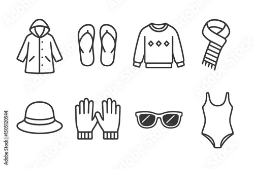 Apparel lineup: coat, flip flops, sweater, scarf, hat, gloves, sunglasses, swimsuit