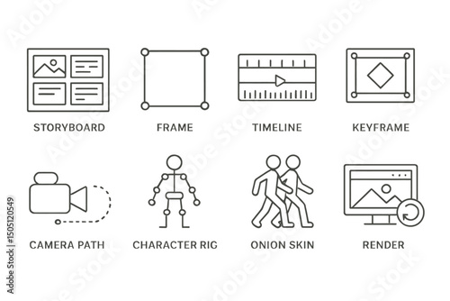 Animation tools and concepts: storyboard, timeline, keyframe, and more.