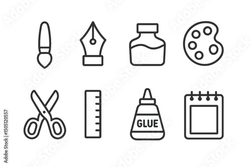 Art and craft tools: brush, pen, ink, palette, scissors, ruler, glue, notepad icons.