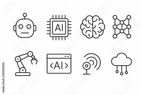 Artificial intelligence icons: robotics, neural networks, and automation symbols.
