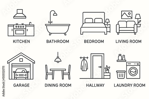 Black and white home interior icons: kitchen, bathroom, bedroom, living room, garage, dining room, hallway, laundry room.