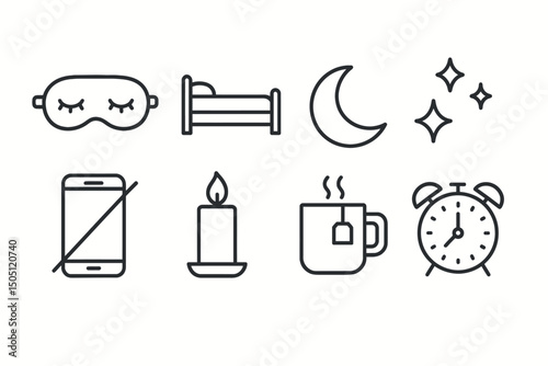Bedtime essentials: eye mask, bed, moon, stars, phone, candle, tea, alarm clock icons.