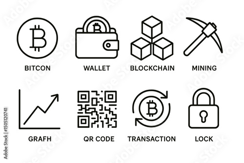 Bitcoin and blockchain icons featuring wallet, mining, and security symbols.