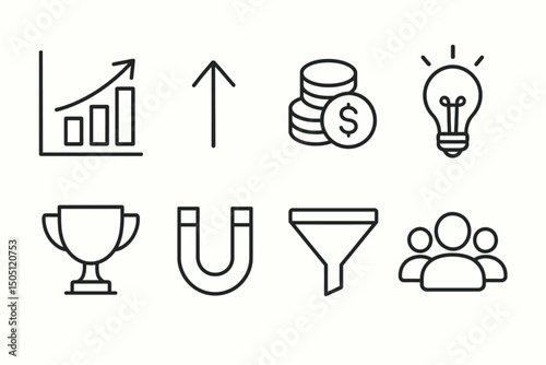 Business growth and marketing icon set with chart, coins, trophy, and team.