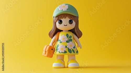 Cute doll wearing dress with flower pattern illustration 3d render. Brick girlish toy. Cute little girl character with summer accessories cartoon image scene art. Visual storytelling
