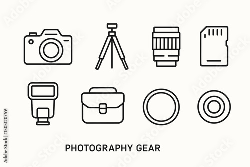 Camera equipment icons: camera, tripod, lens, memory card