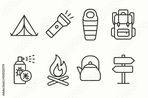 Camping essentials: tent, flashlight, sleeping bag, backpack, bug spray, campfire, kettle, signpost