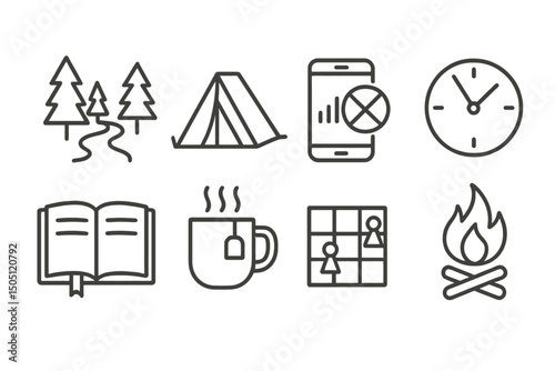 Camping icons: tent, campfire, trail, phone, clock, book, tea, map