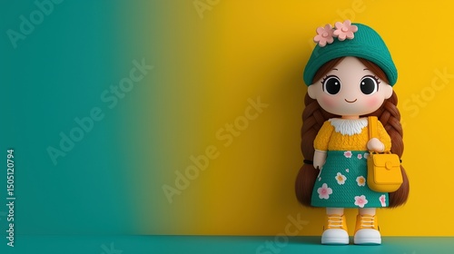 Friendly brick doll wearing dress and cap illustration 3d render. Children development. Little girl character in summer outfit cartoon image scene art. Visual storytelling