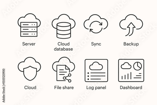 Cloud computing icons: server, database, sync, backup, security, file sharing, logging, dashboard
