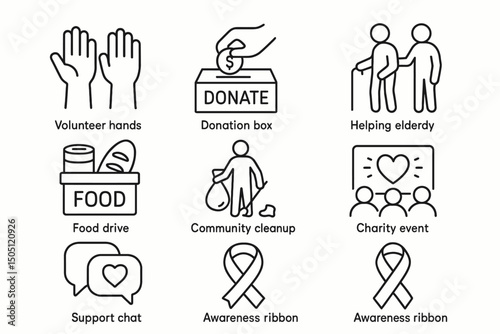 Community service icons: volunteering, donation, elderly aid, food drive, awareness ribbons.