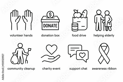 Community support icons: volunteerism, donations, charity, and awareness activities.