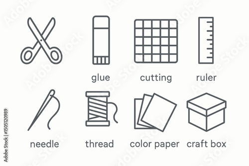 Craft tools icon set: scissors, glue, cutting, ruler, needle, thread, color paper, craft box