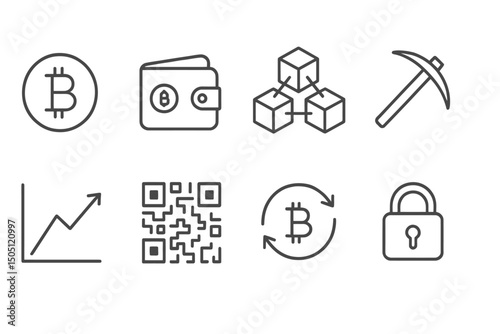 Cryptocurrency icon set featuring blockchain, wallet, mining, and security symbols.