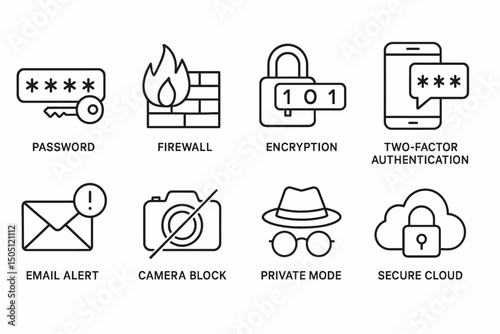 Data security icons: password, firewall, encryption, two-factor authentication, secure cloud.