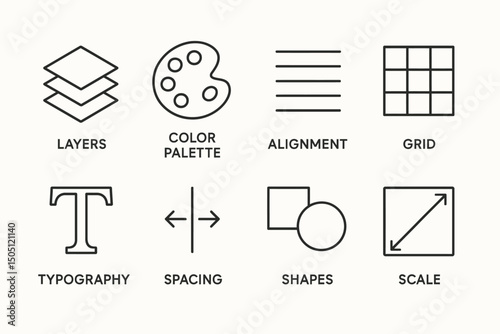 Design elements overview: layers, color palette, alignment, grid, and more.