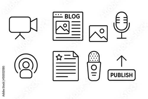 Digital media icons for podcasting, blogging, and publishing on a dark background.