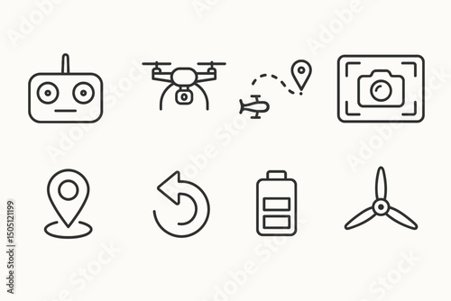 Drone icon set: remote control, location, camera, battery, propeller, navigation