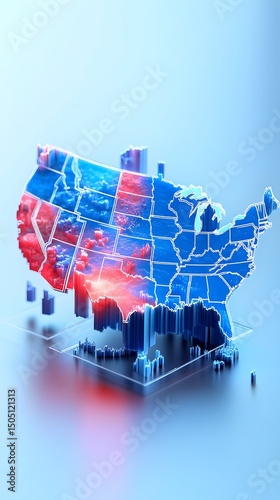 3D rendering of a US map, states colored red and blue, extruded, showcasing geographic data in a visually striking way