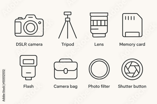 Essential photography equipment icons: camera, tripod, lens, memory card, flash, bag, filter, shutter