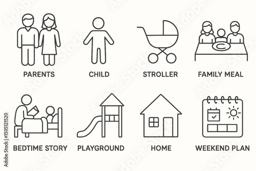 Family icons: parents, child, stroller, family meal, bedtime story, playground, home, weekend plan
