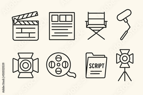 Film industry icons: clapperboard, director chair, spotlight, script, reel, microphone