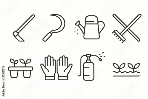 Gardening tools collection: hoe, sickle, watering can, rake, seedlings, gloves, sprayer