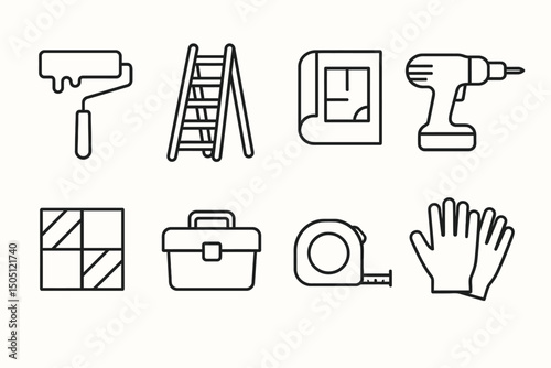 Home Renovation and DIY Tools Line Icons Set
