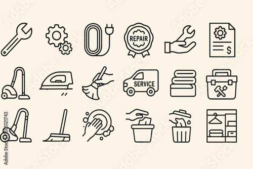 Home maintenance icons: repair tools, cleaning equipment, service elements