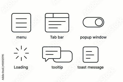 Icon set for ui elements: menu, tab bar, popup, loading, tooltip, toast message