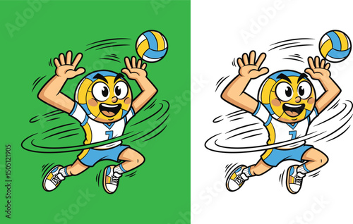 A Cheerful Cartoon Volleyball Striking A Volleyball