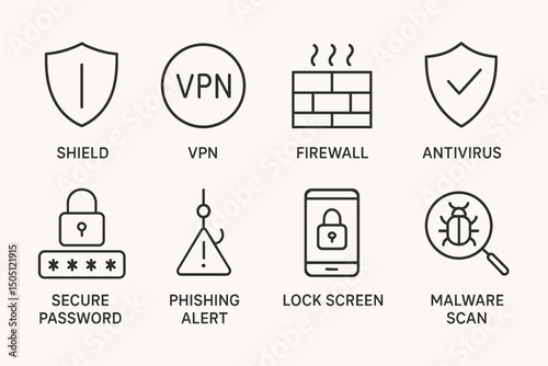 Icons representing cybersecurity: shield, vpn, firewall, antivirus, secure password, phishing alert, lock screen, malware scan
