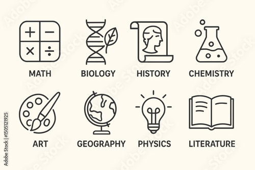 School Subjects and Education Topics Line Icons
